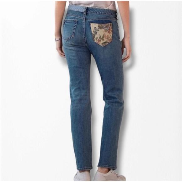 Sundance Wyatt Tapestry Jeans Sz 32 Bue Contrast Distressed Patch Boho - Picture 1 of 10